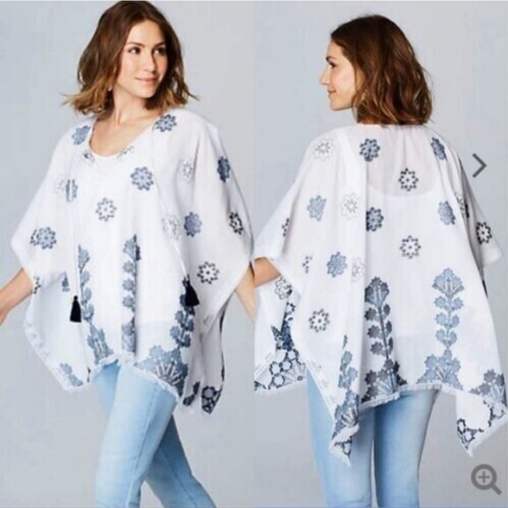 J. Jill Ocean Breeze Jacquard Embroidered Poncho Top One Size Open Sides Tassels